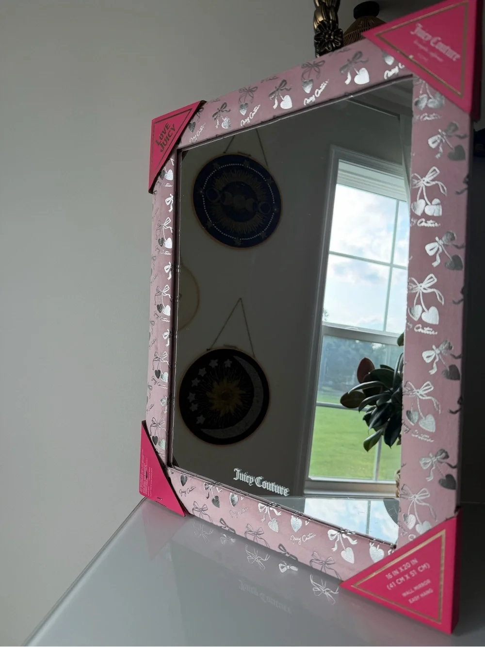Juicy Couture Pink silver Cherry heart bow velvet framed wall Mirror